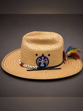 Texas hat Company Straw Cowboy Hat Oodahekrwees Tribe Beaded Thunderbird  7 1/8